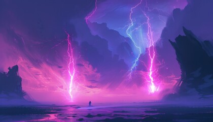 Surreal Atmospheric Landscape Featuring Lightning Strikes Over an Enigmatic Ocean at Dusk