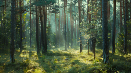 Obraz premium Sunrise in the pine forest Beautiful summer landscape 