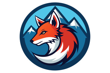 Obraz premium Red Fox Head with Mountains in a Blue Circular Frame
