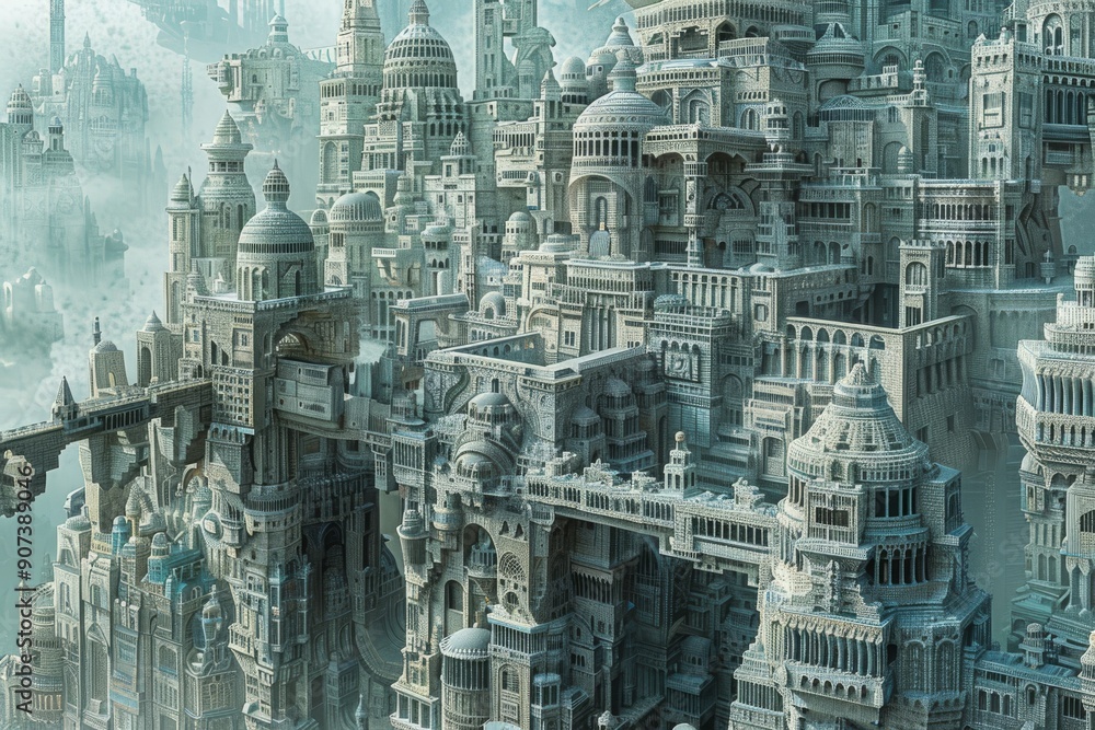 Poster a detailed and intricate cityscape with layers of buildings and structures, ai generated