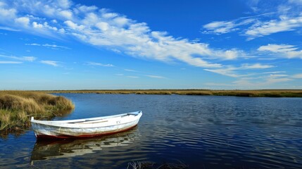Obraz premium A Solitary Boat on a Serene Lake Under a Blue Sky