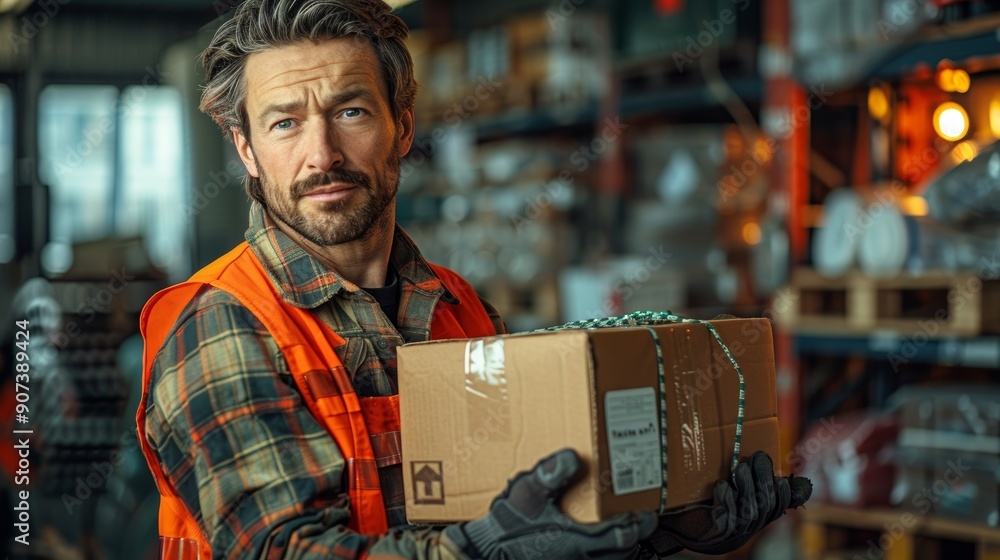 Aufkleber warehouse worker handling package in busy distribution center during daylight hours. generative ai