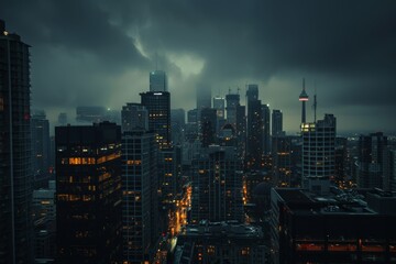 Fototapeta premium A dark and moody city skyline with dramatic lighting and shadows, AI generated