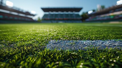 Naklejka premium Close-Up View of Dew-Kissed Grass at a Vibrant Outdoor Stadium During Daylight Hours. Generative AI