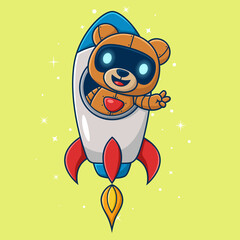 Cute bear robot riding on rocket. Vector cartoon illustration