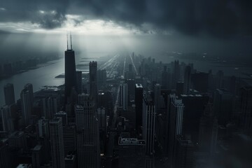 Fototapeta premium A dark and moody city skyline with dramatic lighting and shadows, City skyline at dusk with sun breaking through clouds, AI generated