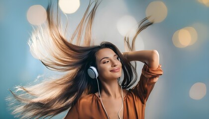 Harmony in Motion, calming rhythms in everyday life, Soothing Music Trend
, portrait of a woman in dress., woman listening music.