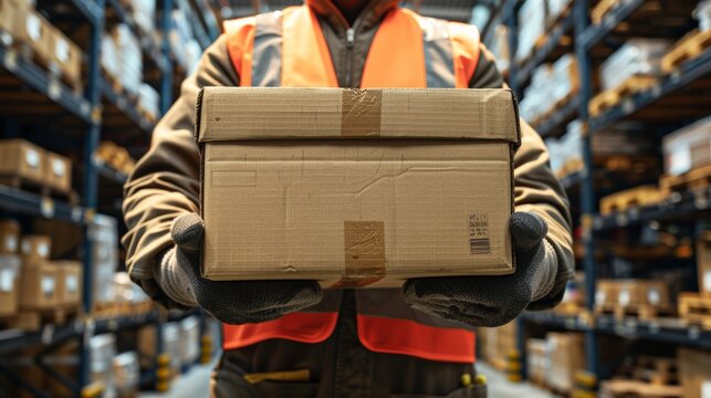 Employee Holding Cardboard Box in Warehouse During Busy Working Hours. Generative AI