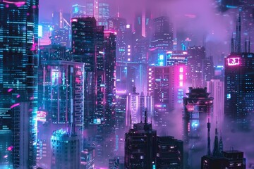 Obraz premium An illustration of a futuristic urban landscape at night, featuring sleek architecture and vibrant lights, A cyberpunk-inspired city skyline with neon signs and futuristic technology, AI generated