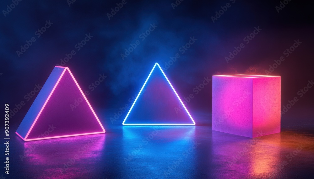 Poster abstract geometric shapes in neon light on a dark background, showcasing minimalism and creative pro