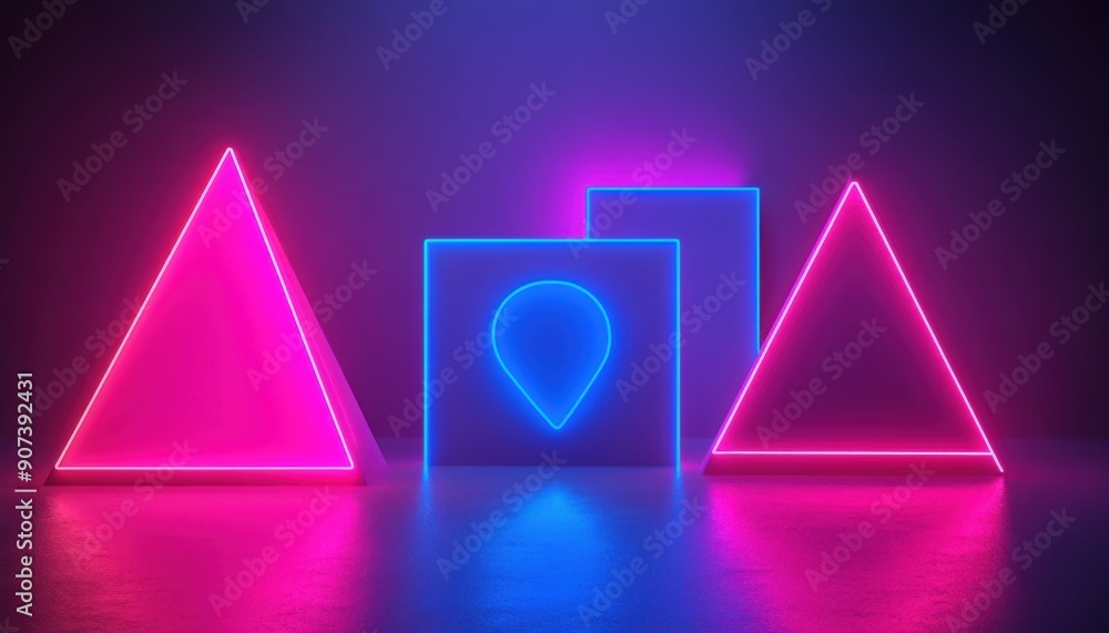 Poster abstract geometric shapes in neon light on a dark background, showcasing minimalism and creative pro