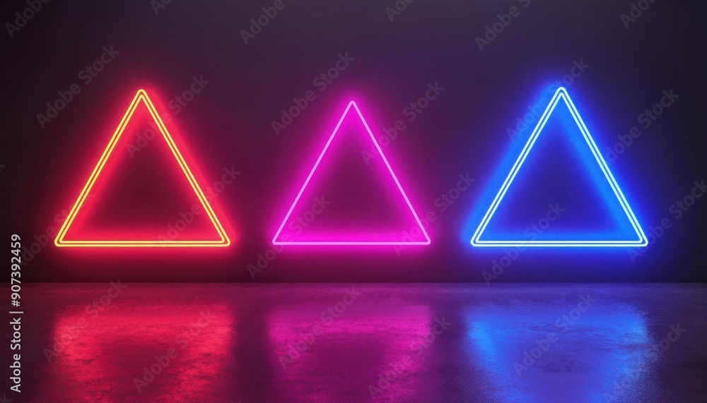 Poster abstract geometric shapes in neon light on a dark background, showcasing minimalism and creative pro