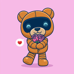 Cute bear robot with roses bouquet. Vector cartoon illustration