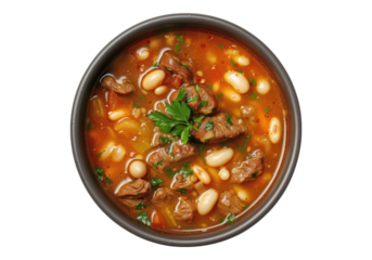 spicy beef and white bean soup isolated on transparent background.