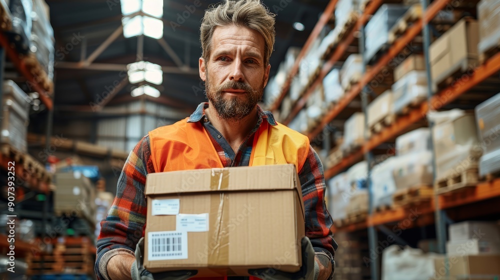 Aufkleber warehouse worker handling delivery package in distribution center during daytime shift. generative a