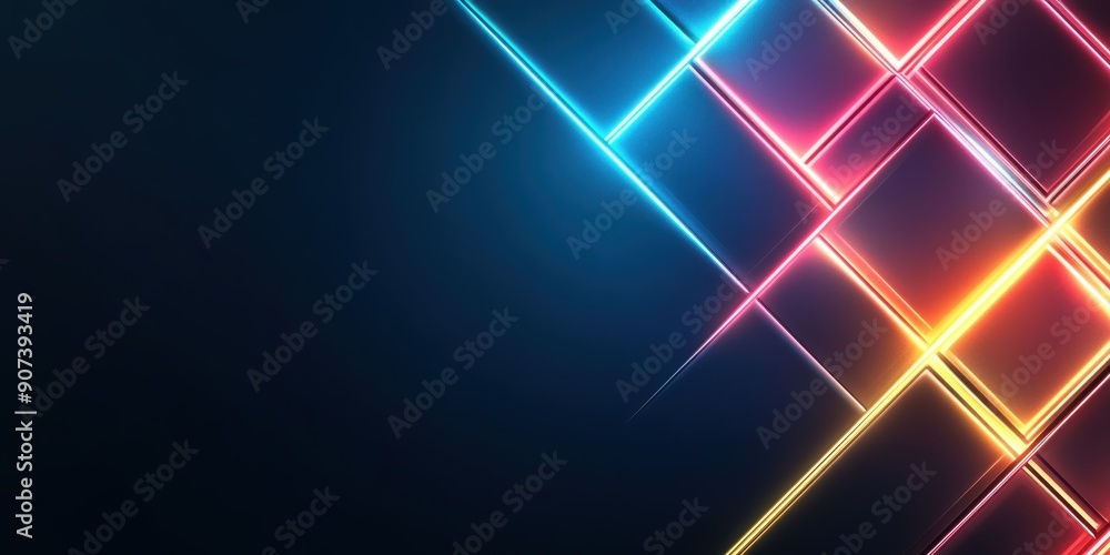 Poster abstract neon geometric shapes on a minimalistic dark background, highlighting the intersection of c