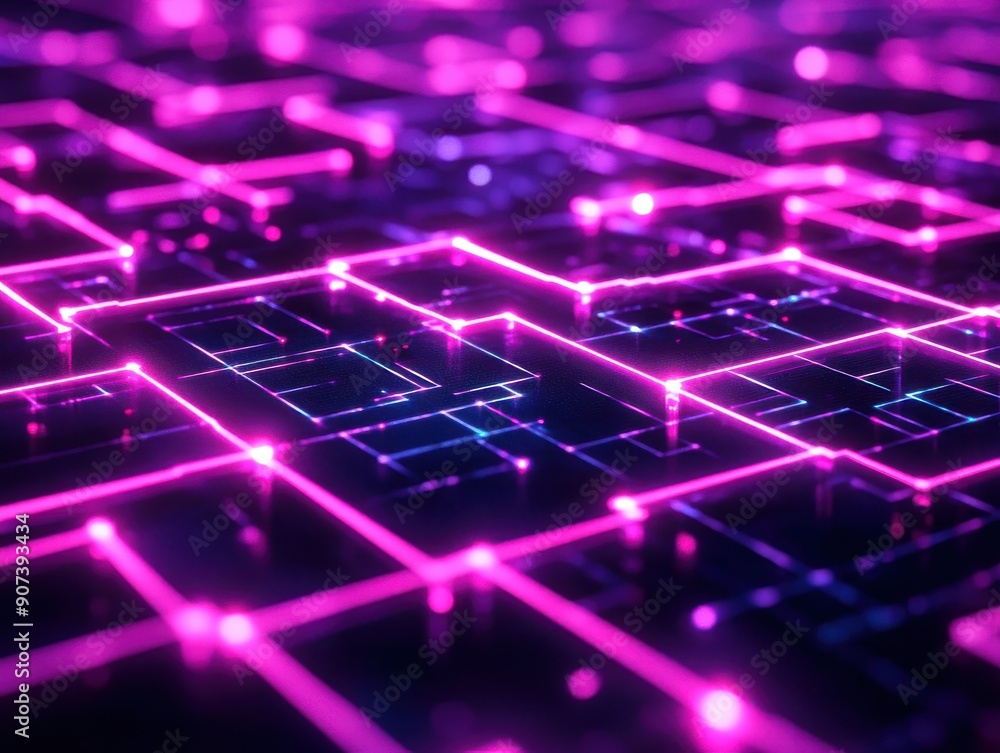 Poster abstract neon grid pattern, representing technological innovation and digital concepts, glowing line