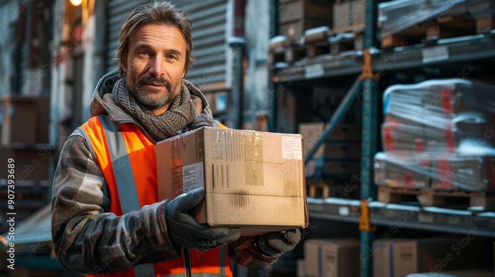 Poster warehouse worker holding package inside busy distribution center during evening hours. generative ai