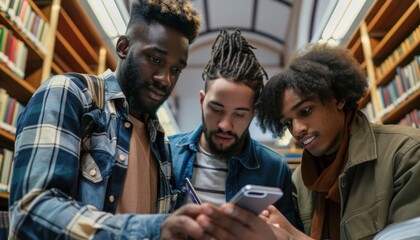 Three Young Men Looking At A Smartphone In A Library