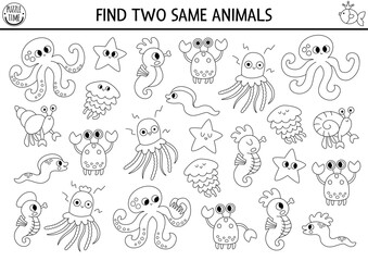 Fototapeta premium Find two same water animals. Black and white ocean kingdom matching activity. Marine educational quiz worksheet or coloring page for kids. Printable line game with crab, jellyfish, starfish, octopus