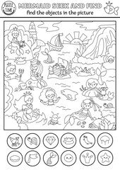 Mermaid vector black and white searching game with sea lagoon landscape. Spot hidden objects coloring page. Ocean kingdom seek and find printable activity for kids with waterfall, dolphin