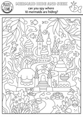 Vector mermaid black and white searching game with ocean kingdom landscape, palace. Spot hidden princess tails coloring page. Line marine seek and find educational printable activity for kids