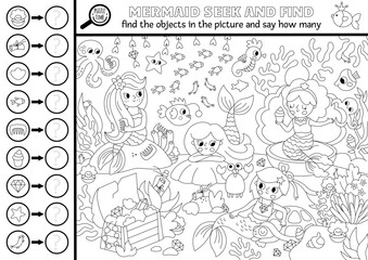 Vector mermaid black and white searching game with ocean kingdom landscape. Spot hidden objects and say how many. Fantasy seek and find counting printable activity, coloring page for kids