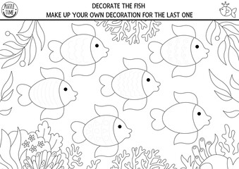 Mermaid black and white drawing, writing, tracing printable activity for kids with sea animals, underwater background. Decorate the fish. Ocean kingdom coloring page. Marine game, puzzle