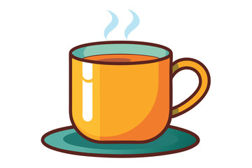 A cartoon illustration of a steaming mug of hot beverage on a saucer