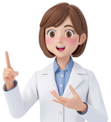 Animated Female Scientist Character Pointing Upwards in White Lab Coat with Friendly Expression