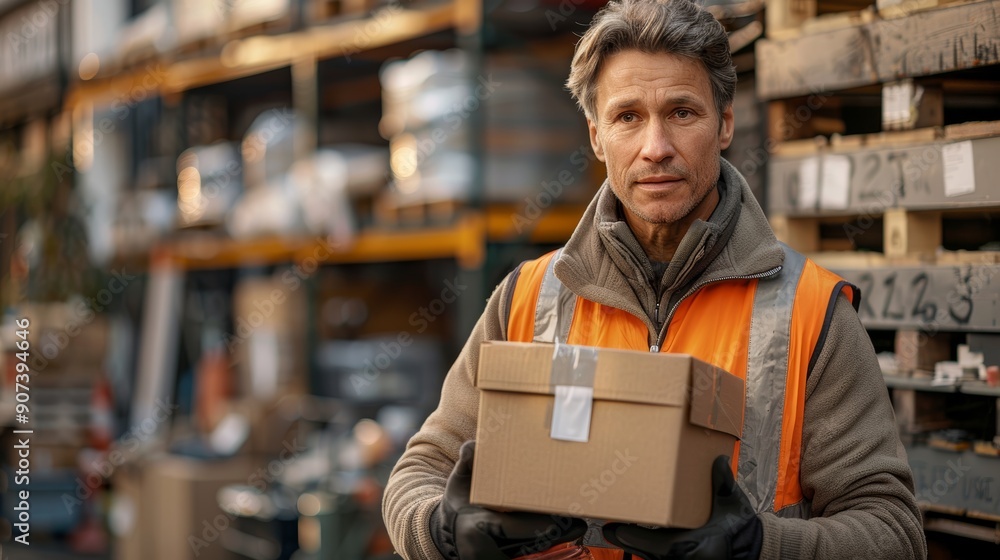 Poster warehouse worker handling package in busy storage facility during daylight hours. generative ai