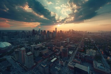Naklejka premium city skyline at sunset, with vibrant colors illuminating the buildings and the tranquil waters of Lake , A city skyline seen from above, capturing the vast sprawl of urban development, AI generated