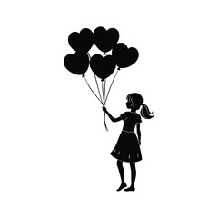 .Silhouette girl holding heart shaped balloons
