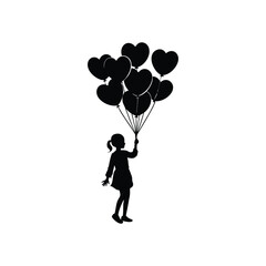 girl silhouette holding heart shaped balloons