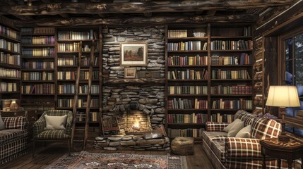 Fototapeta premium A home library with a rustic, mountain cabin design, featuring log walls, a stone fireplace, and cozy, plaid furniture.