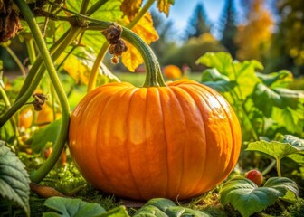 Vibrant orange pumpkin ripens on the vine, surrounded by lush green foliage and sprawling tendrils, in a sunny autumn garden landscape.
