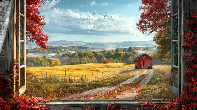 A scenic view through a window of a rustic barn in a field, with autumn foliage and a misty mountain background. Seamless loop video background