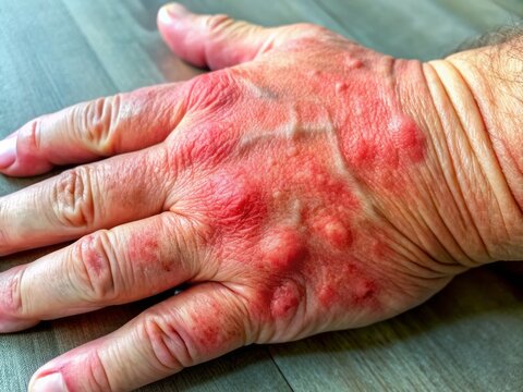 Close-up of a severely swollen hand with redness and swelling due to an allergic reaction from an insect sting, highlighting the need for skin care treatment.