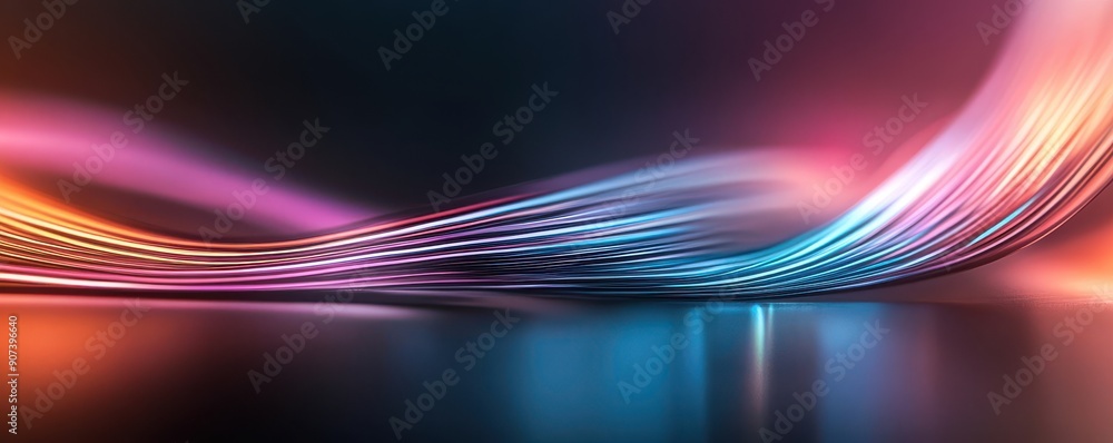 Poster close-up of neon light reflections creating abstract shapes, set against a minimalistic black backgr