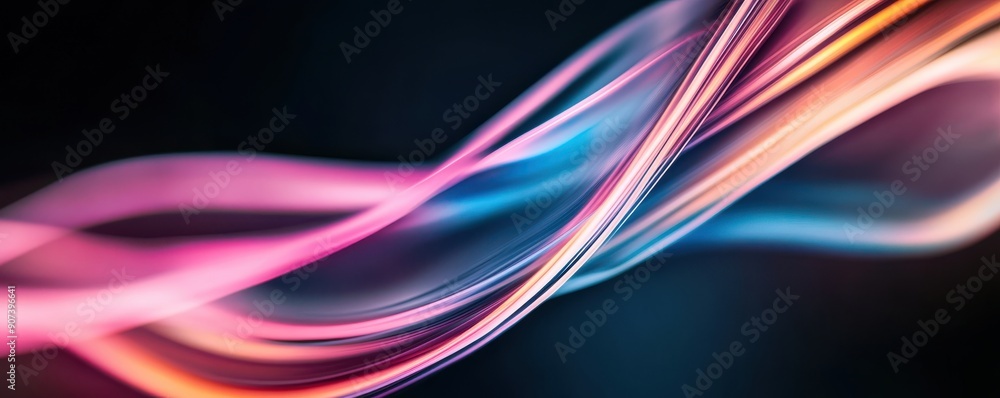 Poster close-up of neon light reflections creating abstract shapes, set against a minimalistic black backgr