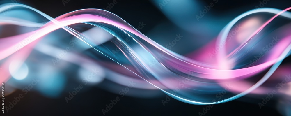 Poster close-up of neon light reflections creating abstract shapes, set against a minimalistic black backgr