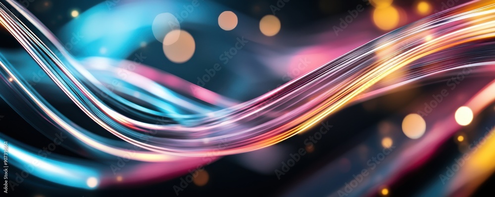 Poster close-up of neon light reflections creating abstract shapes, set against a minimalistic black backgr