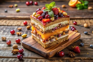 Moist slice of layered cake adorned with crunchy nuts and vibrant fruit topping, arranged artfully on a rustic wooden surface, evoking warmth and indulgence.