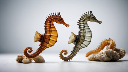 Fototapeta premium Portrait of a seahorse against a white background, showcasing its unique, elongated body and distinctive features. The image captures the intricate details and elegant shape of this marine creature.