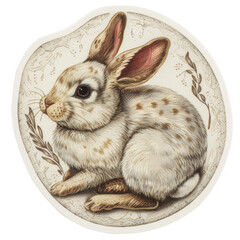 Cute Animal Sticker of a Rabbit with Vintage Design and Botanical Elements for Scrapbooking and Crafts