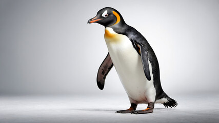 Fototapeta premium Portrait of a majestic king penguin on a white background, showcasing its black, white, and orange plumage. The image highlights the appearance and distinctive features of this iconic Antarctic bird.