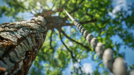 Fototapeta premium A captivating view of a tree trunk and swing, showcasing lush green leaves against a bright blue sky.