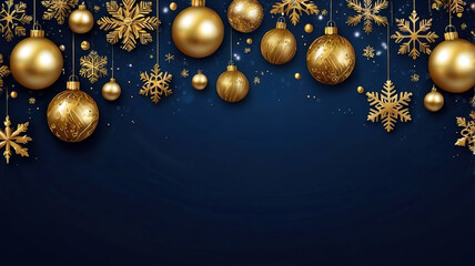 Luxury Christmas blue banner, with Golden Christmas decoration balls