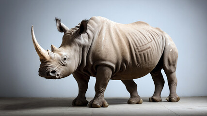 Fototapeta premium Portrait of a rhinoceros against a white background, showcasing its impressive horn, rugged skin texture, and distinctive features.