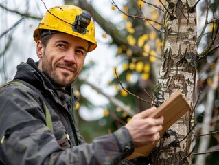 Naklejka premium A forestry worker inspects a tree, equipped with a yellow helmet and a clipboard, demonstrating dedication to environmental care.